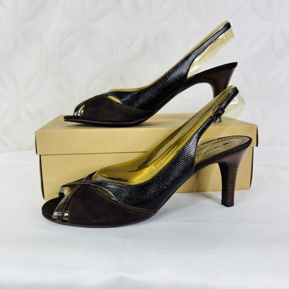 Naturalizer Entari Brown Lizard Slingback Peep Toe Pumps Size 10 - Picture 3 of 12